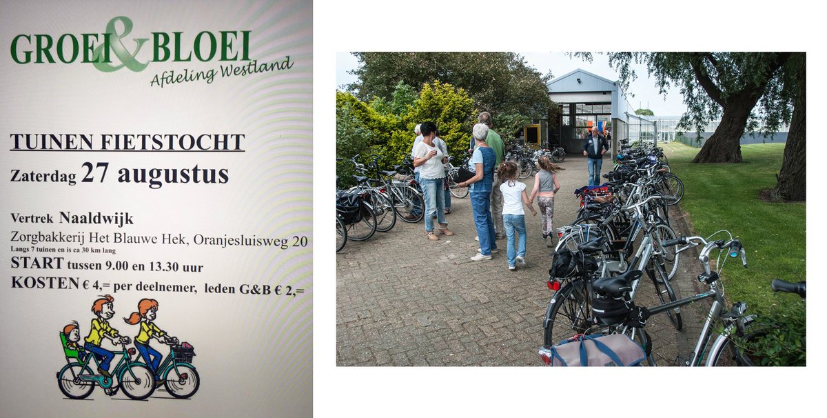 De tuinenfietstocht van <a href="/WestlandGroei/">Groei&Bloei Westland</a> vindt dit jaar plaats op zaterdag 27 augustus. Fietst u gezellig mee?