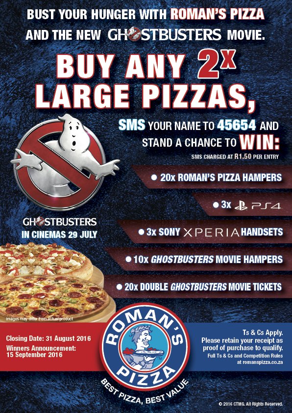 romans_pizza's tweet photo. Share with all your friends and get them all to enter! :) Ts & Cs apply #WinWithRomans #RomansPizza #Ghostbusters https://t.co/IvAAMDnNzv