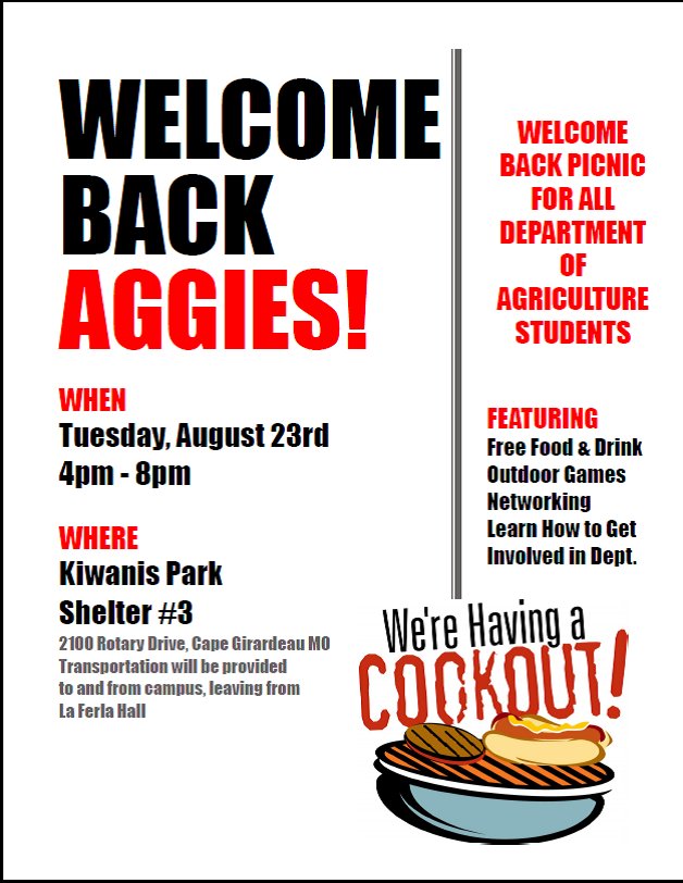 semoagdept's tweet photo. All students currently in the Ag Department come join us on Tuesday! #welcomebackaggies #freefood #semoag https://t.co/JS4aYTlrSU