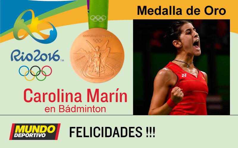 mundodeportivo's tweet photo. ÚLTIMA HORA: ¡#Oro para Carolina Marín! ¡¡¡FELICIDADES @caro_marin2 🎉🎉 !!! https://t.co/OyitarUKrI #Rio2016 https://t.co/WaxUzBkYui