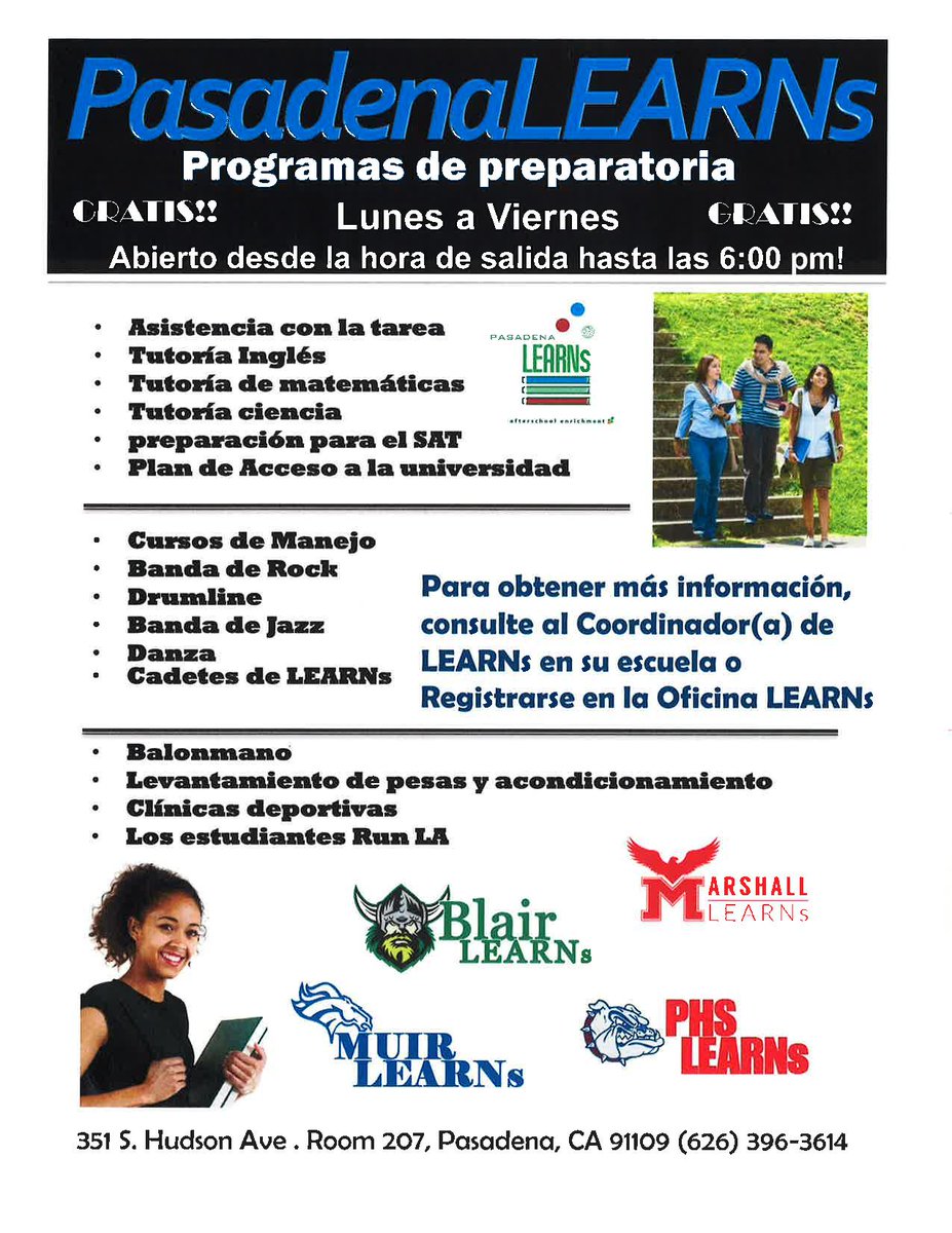 Interested in <a href="/PasadenaLEARNs/">Pasadena LEARNs</a> ? <a href="/BlairHSVikings/">Blair High School</a> <a href="/JohnMuirHS/">John Muir HS</a> <a href="/MarshallEagles1/">Thurgood Marshall Secondary School</a>  <a href="/PasHSBulldogs/">Pasadena High School</a> #PASLEARNs #highschool