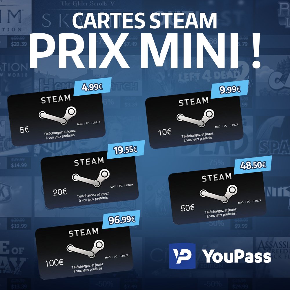 YouPassFR's tweet image. Cartes Steam à prix mini ?

→ bit.ly/1QLQqNv

5 codes KDO à gagner parmi les RT