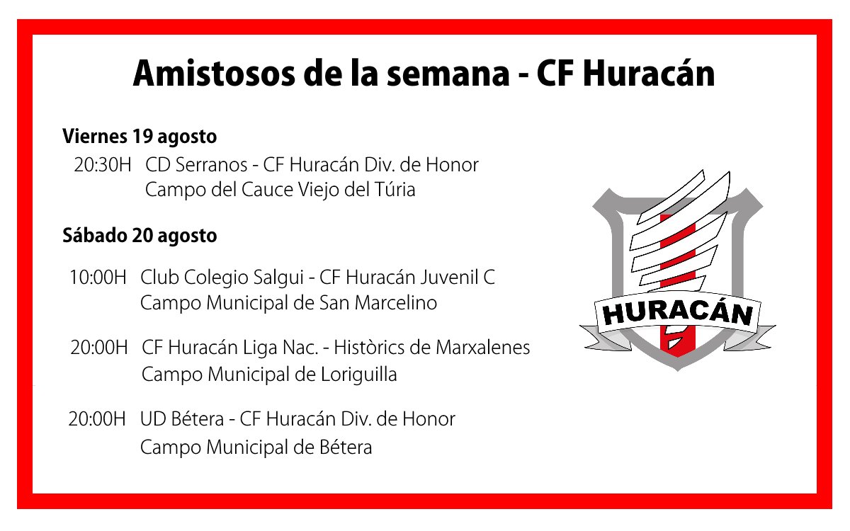 Os esperamos en los amistosos que el <a href="/CF_Huracan/">Huracán Saguntino C.F</a> disputará estos días. ¡Ven y conoce nuestros equipos!
#somoshuracan