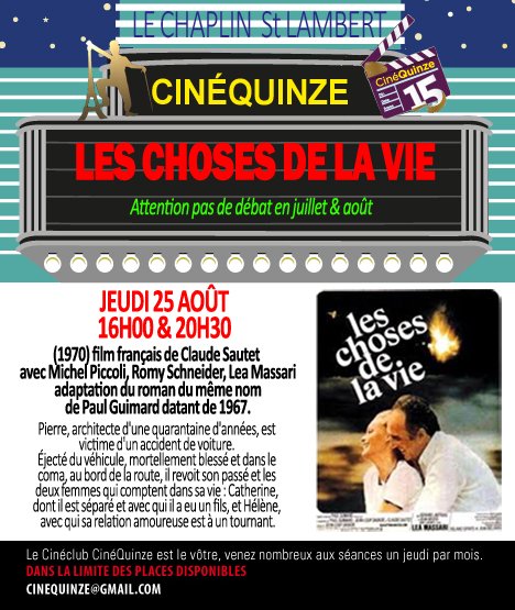 Séances 16h00 et 20h30 le 25 août Cinéma le <a href="/CinemasChaplin/">Cinémas Chaplin</a>
