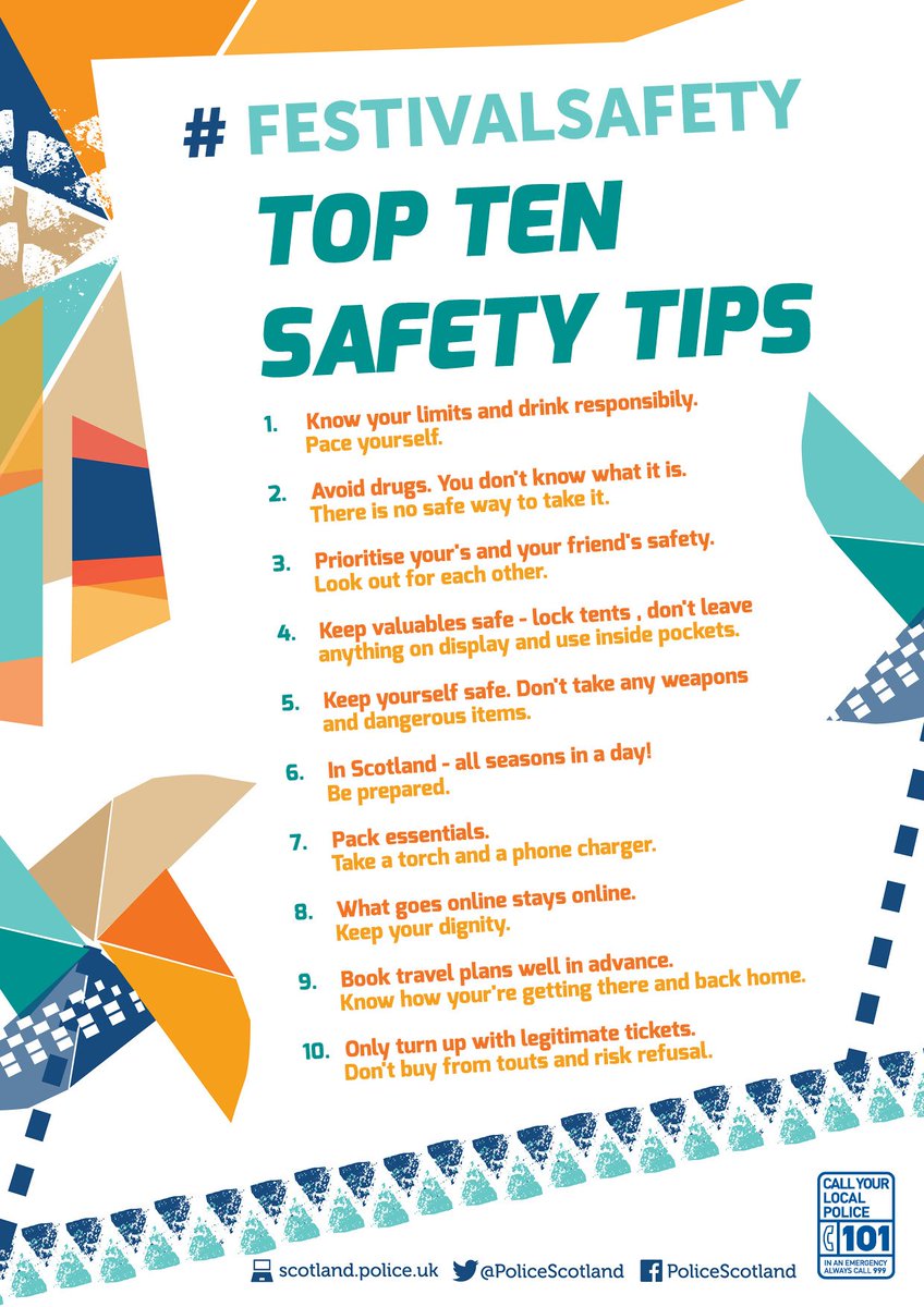 PoliceScotland's tweet photo. If you're off to @prideglasgow or @GrooveLochNess this wkend, here's our top 10 #FestivalSafety tips. Have fun! https://t.co/j4265sjLyA
