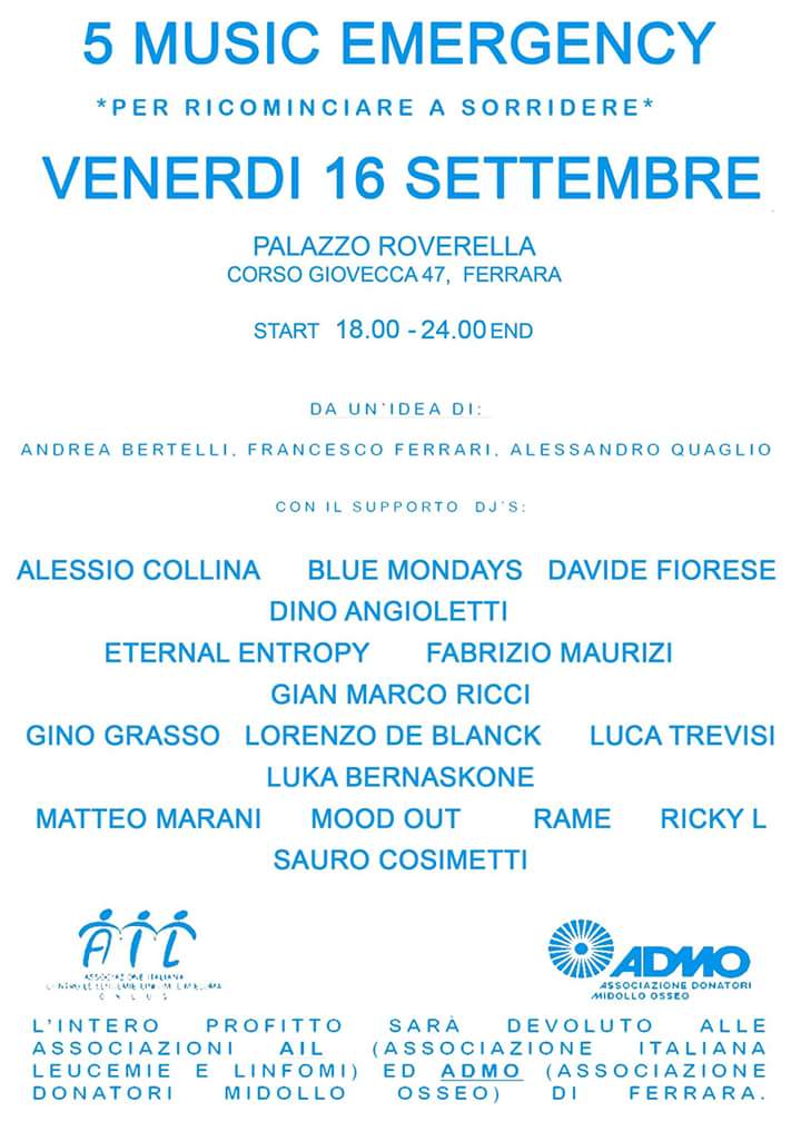 admo_er's tweet photo. Il 16 Settembre a #Ferrara, #palazzoroverella, si terrà la terza serata #musicemergency! #djset #admo #ail #smile https://t.co/6bcKxfo0Ef