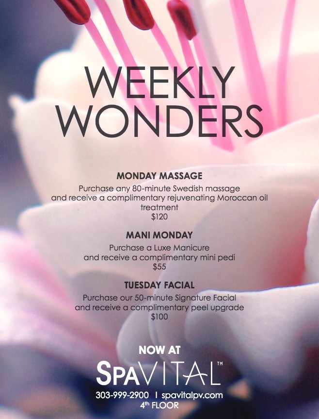 PuraVidaClub's tweet photo. Relax and get pampered with #SpaVital's Weekly Wonder Spa specials this week, #Denver. https://t.co/08CQJam417