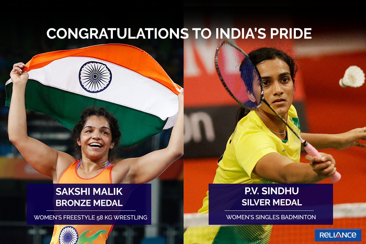 reliancegroup's tweet image. Heartiest congratulations to @SakshiMalik &amp;amp; @Pvsindhu1 for the extraordinary feats at #RioOlympics2016