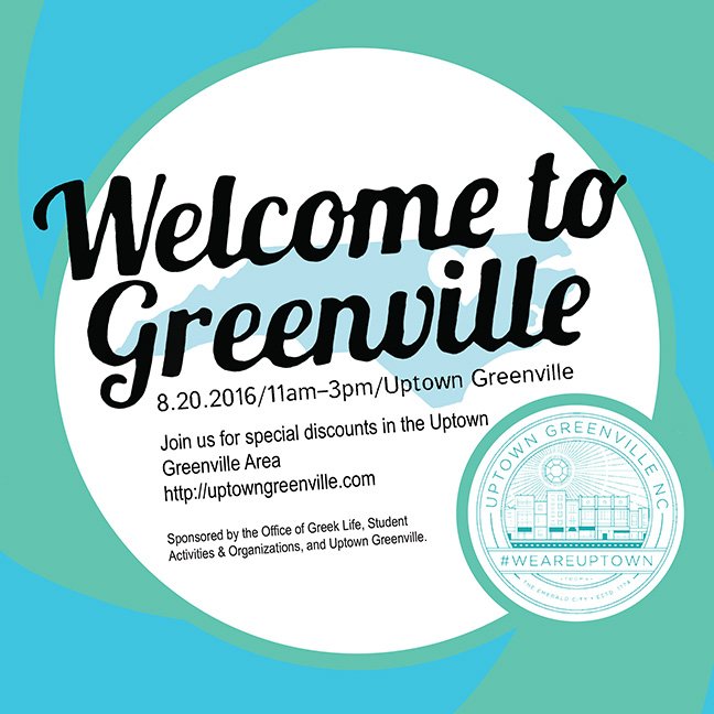 ECU_DOSE's tweet photo. Welcome to Greenville event Saturday 11A-3P! Come see what @uptowngville has to offer! #ECU20 #GoGreekECU https://t.co/z2MK4cFP2l