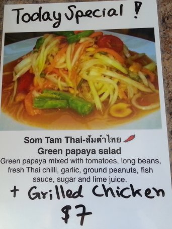 Today special "Papaya Salad" we served with grilled chicken... to order 902-316 3473.