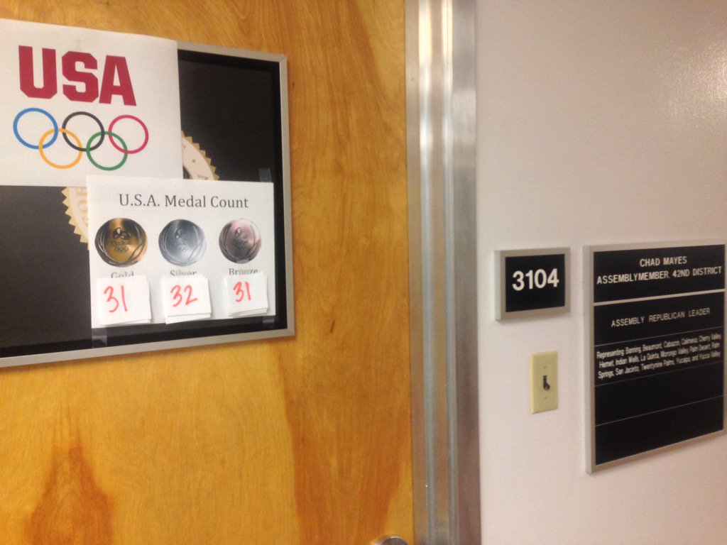 CapitolAlert's tweet photo. Some #TeamUSA spirit at the office of Republican leader @ChadMayesCA https://t.co/3qNo5F0e2k