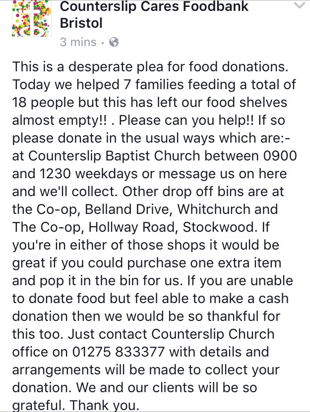 nbsgfoodbank's tweet photo. Can anyone help our good friends at Counterslip Cares Foodbank in South Bristol? Thanks! Please RT https://t.co/VWwzz6OW41