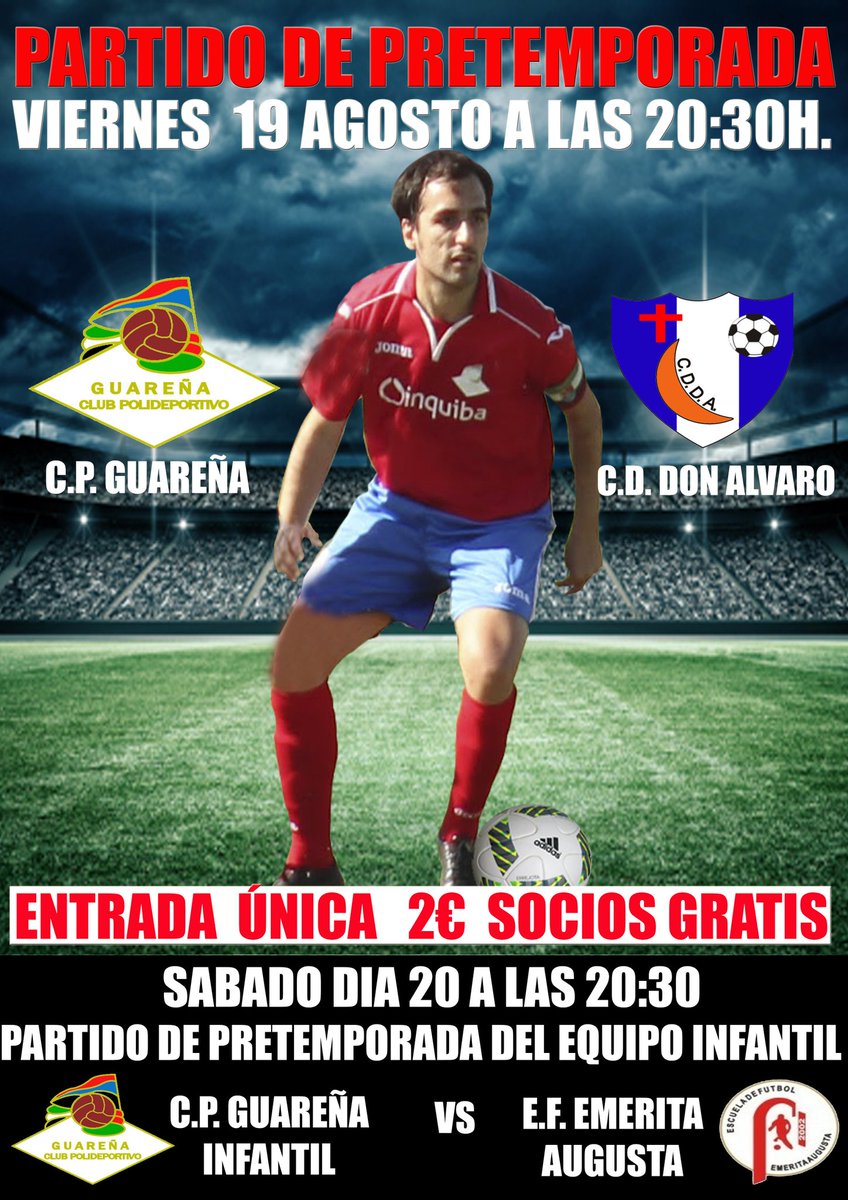 CPGuarena's tweet photo. Esta tarde a las 20:30
Partido de pretemporada al que nos enfrentamos a un equipo amigo como lo es el @CD_DonAlvaro https://t.co/VEKl4pochh