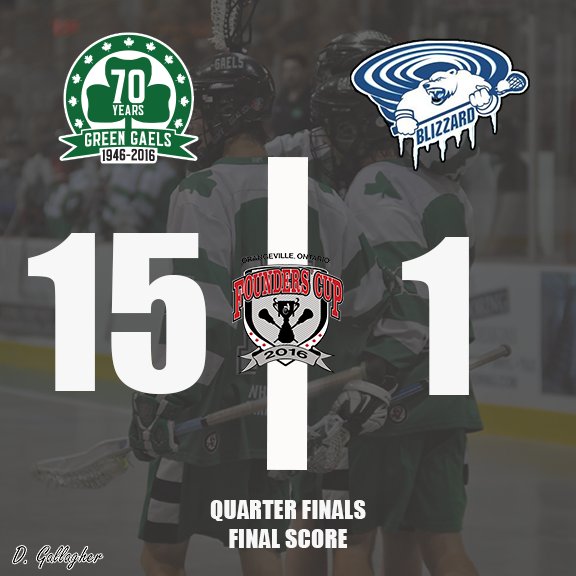 The <a href="/GreengaelsJRB/">Green Gaels</a> extend their winning streak with a 15-1 victory over @BlizzLax in <a href="/2016FoundersCup/">FoundersCup2016</a> Quarter Finals