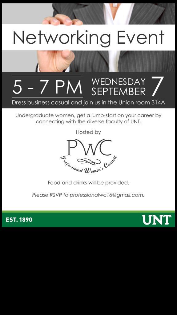 UNTPBSO's tweet photo. Ladies, come out and network with some important faculty/administration & people in your field! #PWCNetworkingEvent https://t.co/2z05zlWUiB