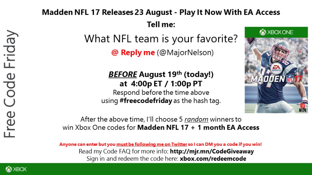 majornelson's tweet image. #FreeCodeFriday time. Read this & you could win Xbox One codes for @EAMaddenNFL 17 + 1 month @EAAccess. Good luck.