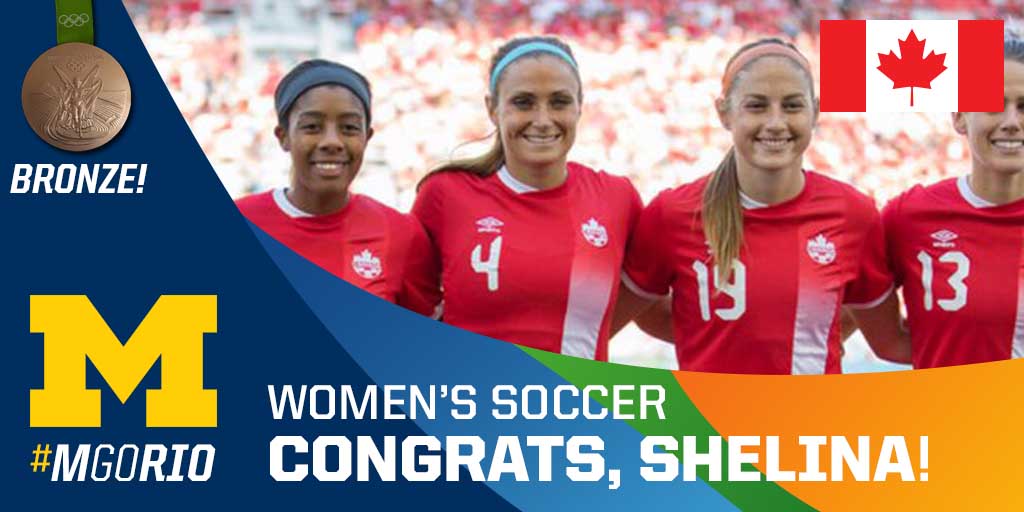 umichwsoccer's tweet photo. Absolutely thrilled for @Shelina6! 

Olympic bronze is hers after Canada defeated Brazil 2-1! #MGoRio https://t.co/smi2yMwB39