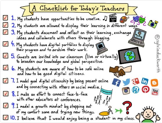WeAreTeachers's tweet photo. Love this "Checklist for Today's Teachers" by @sylviaduckworth! #edchat #edtech #edtechchat https://t.co/ed2HgqhSbS