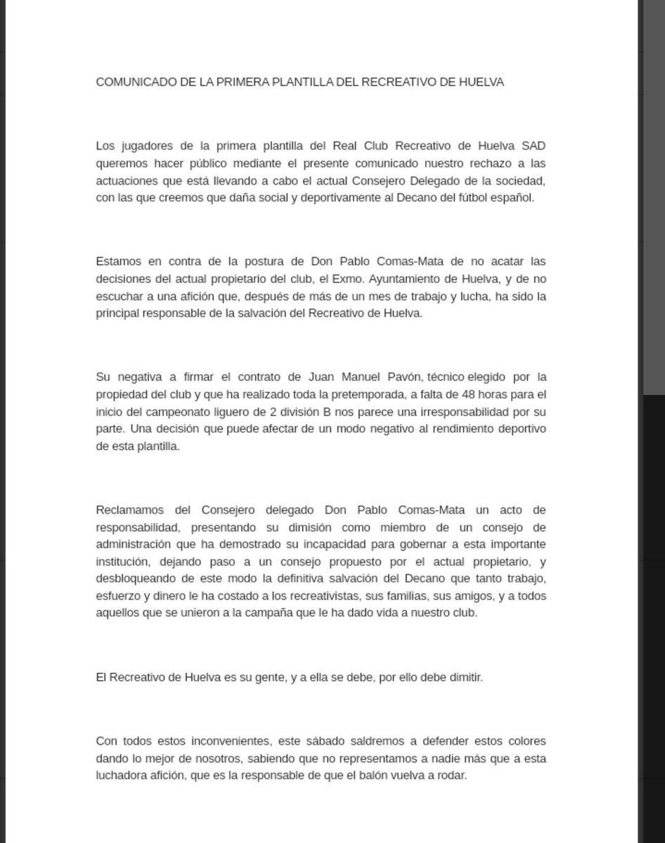 Albiazules's tweet photo. Comunicado de la plantilla del @recreoficial. ¿Y a esto se presta Ceballos? https://t.co/EePFRcdhbo