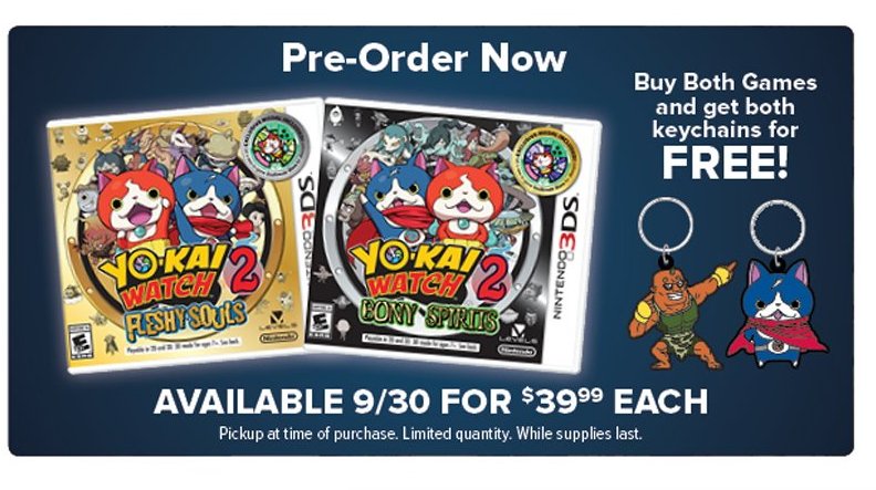 Nintendo_Deals's tweet photo. Pre-Order Yokai Watch 2 at @GameStop  and get 2 Free Keychains. + info: https://t.co/AskCmktxqi https://t.co/jVRvliDjCa