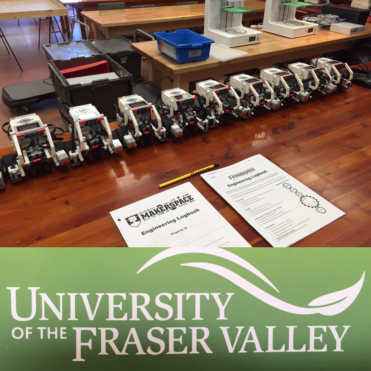 GearBotsBC's tweet photo. All set up for next weeks #Makerspace #SummerCamp @goUFV w/ #physicsdept Reg through @EcoDairy #summerlearning https://t.co/fTMnbquVnt
