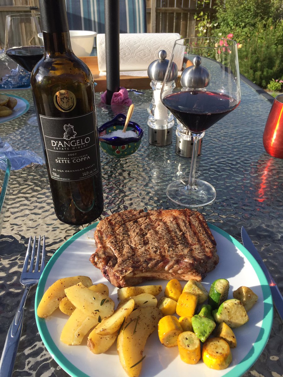 Celebrating life with grilled ribeyes &amp; BC veg. <a href="/dangelowinery/">D'Angelo Winery</a> 07 SetteCoppa was worth the wait! #bcwine #lovemylife