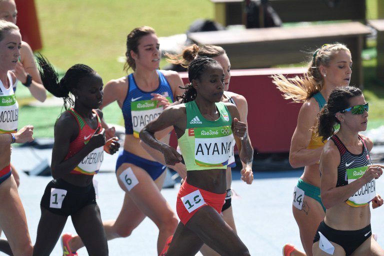 #KEN @VivianCheruiyot beats #AlmazAyana to win the women 5000m #Gold at #Rio2016. #HellenObiri with #Silver.