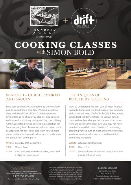 Hundred Acres <a href="/GhostRockWines/">Ghost Rock Vineyard</a> is teaming up With Head Chef Simon Bold From Drift to bring you a unique cooking class