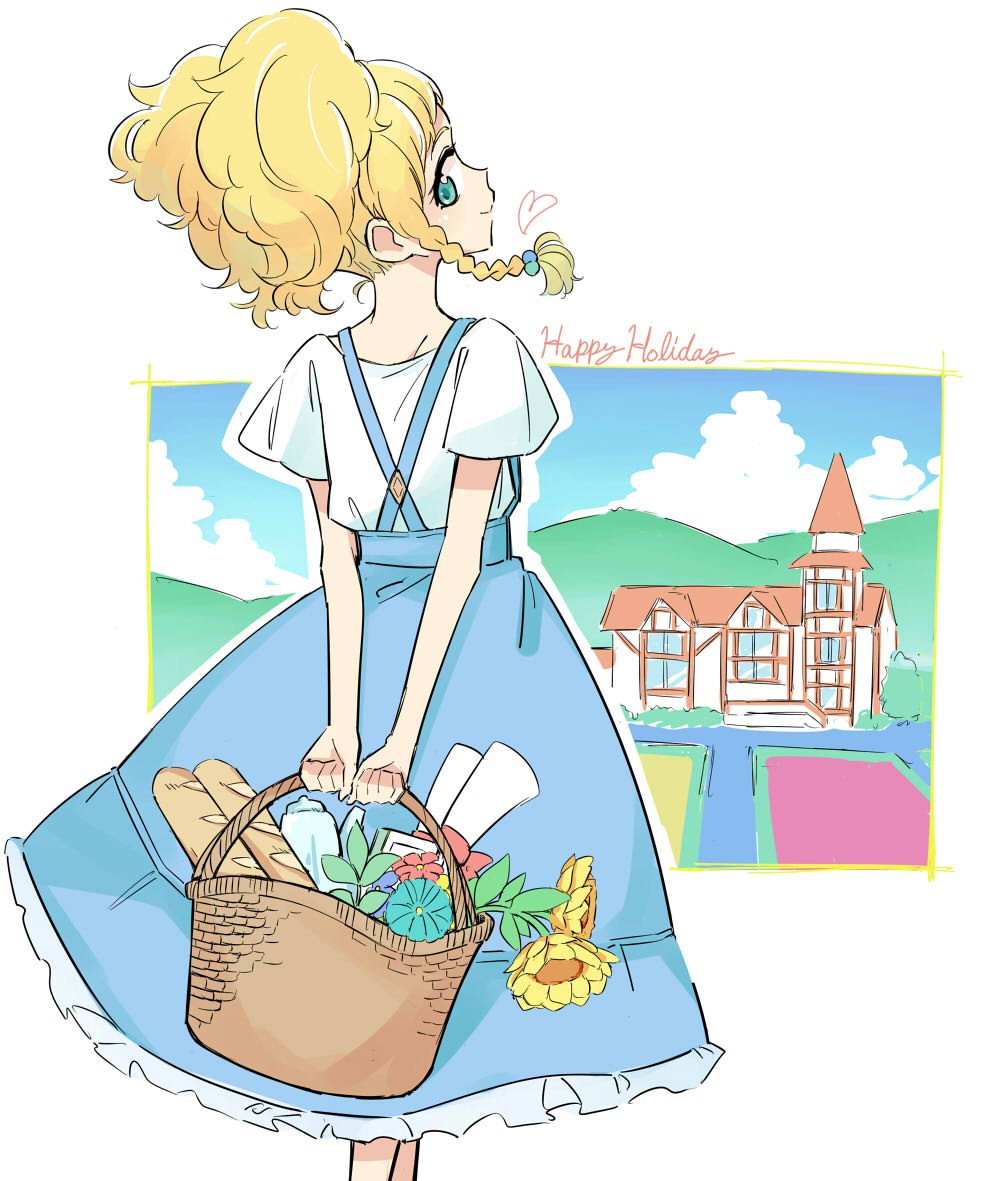 1girl solo braid blonde hair flower skirt looking back  illustration images