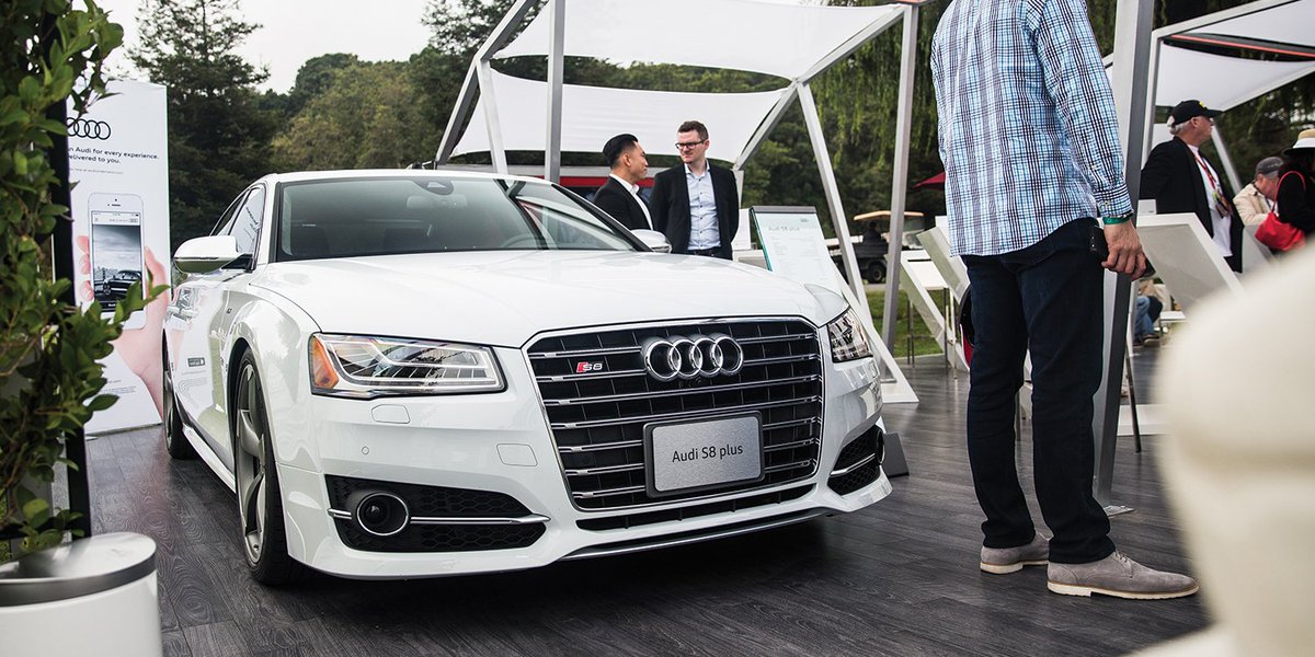 Audi's tweet image. 26 cylinders take the stage at Monterey #CarWeek.