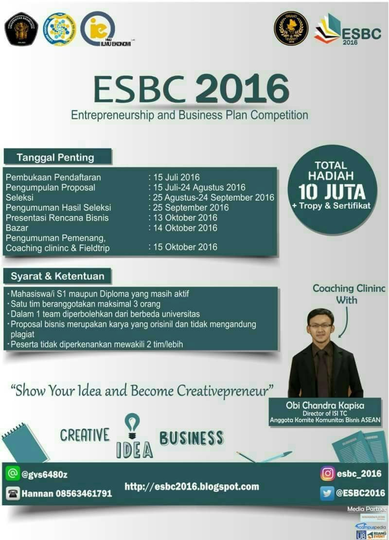 <a href="/ESBC2016/">Forum Bos Indonesia</a> | Entrepreneurship &amp; Business Plan Competition 2016 | Pendaftaran sampai 24 Agustus |