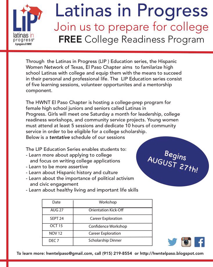 Attn:Female high school seniors:Our Latinas in Progress college readiness program begins soon! Join us August 27th!