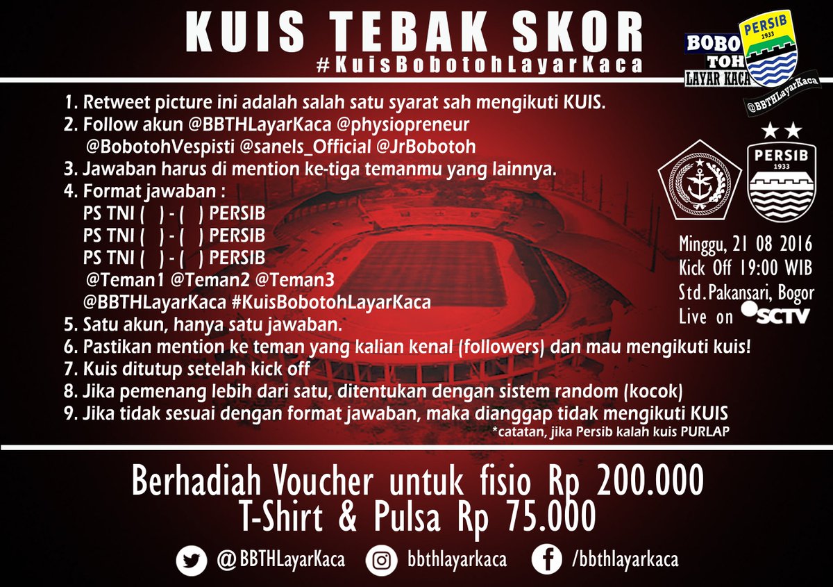 [RETWEET]
#KuisBobotohLayarKaca
Follow <a href="/BBTHLayarKaca/">Bobotoh Layar Kaca</a> <a href="/physiopreneur/">Sport Physio Clinic</a> @BobotohVespisti @sanels_Official <a href="/JrBobotoh/">RETWEET BOBOTOH</a>