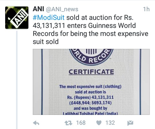KineticKeshav's tweet image. Pic1: #ModiSuit enters Guinness book 4 being most expensive suit sold

Pic2: Favor returned to the buyer by Guj govt