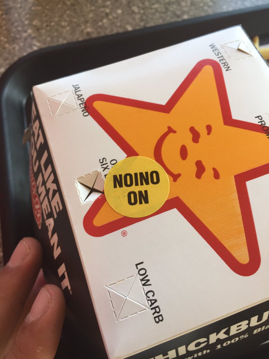 joshRbravo's tweet photo. straight up thought my burger had a sticker that said "noino on" and asked an employee what it meant https://t.co/BkA7AvTzK9