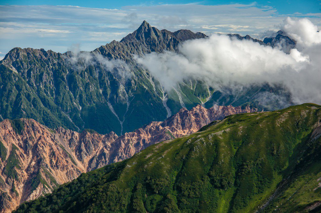 ট ইট র もーまん 緑豊かな尾根とは対照的に 異質な色をした硫黄尾根 そして奥には北鎌尾根 槍ヶ岳 水晶小屋