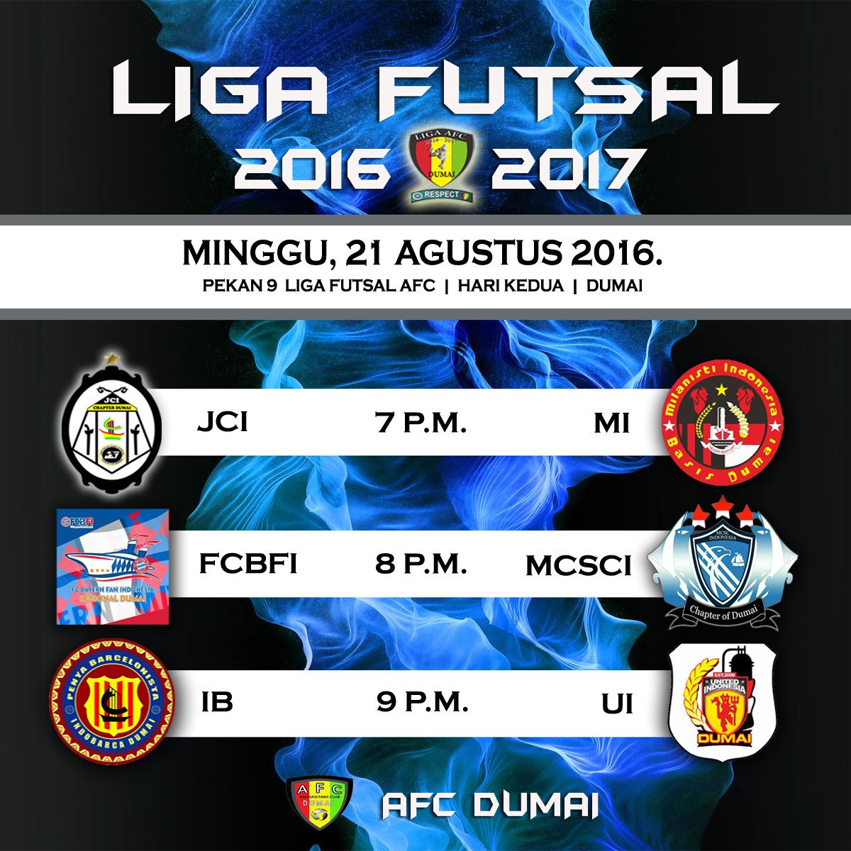 Liga Futsal AFC 2016/2017
Minggu, 21 Agustus 2016
Pekan 9 Liga futsal AFC 
Live <a href="/Popaye_Futsal/">Popaye Futsal</a>