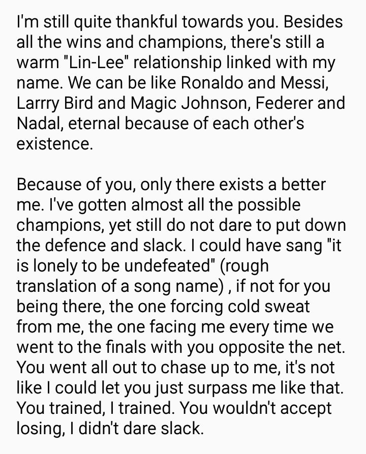 BadmintonQuiz's tweet photo. Terjemahan lengkap surat Lin Dan untuk Lee Chong Wei dalam bahasa Inggris. #Olympics #Badminton #Rio2016 https://t.co/DGQFVIZKnp