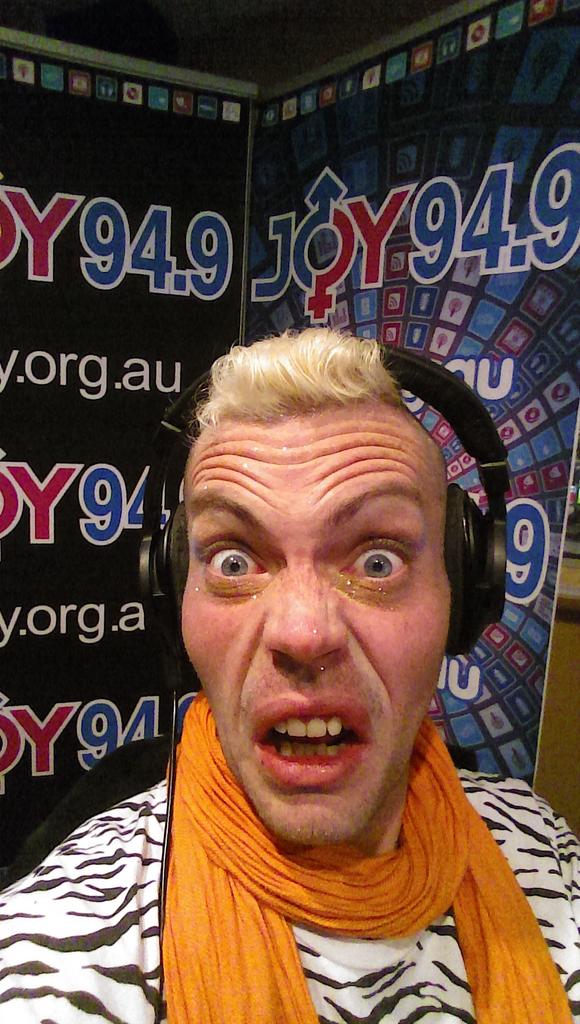 stephenetc's tweet image. Popping my radio cherry @GlitterBOMBshow @JOY949 #glitter#fabulous#queer