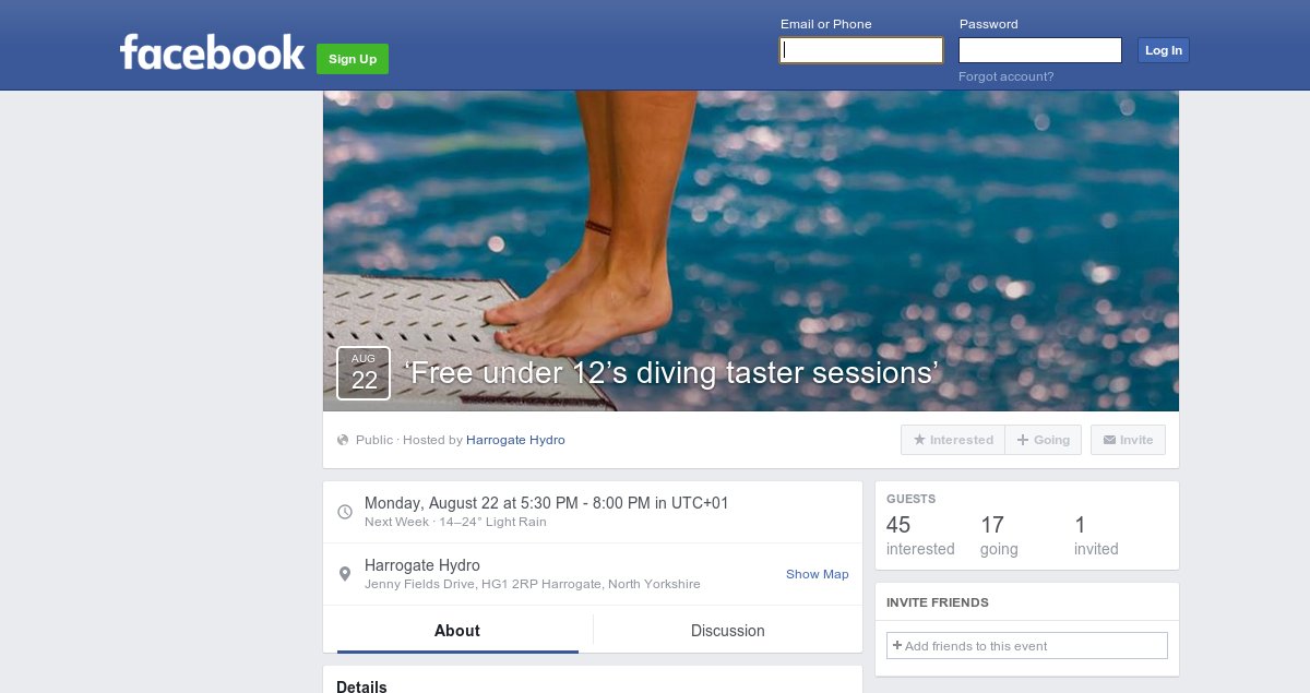 moreHarrogate's tweet image. Free diving taster sessions for U12's: Mon 22nd #Harrogate Hydro where Jack Laugher started! facebook.com/events/1817260…