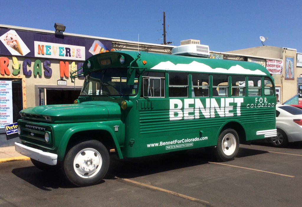 U.S. Sen. Michael Bennet's green, vintage campaign bus brought out of the barn and the mothballs, making it's first 2016 appearance on the campaign trail outside the Commerce City Democratic Party Clinton/Bennet coordinated campaign office headquarters Saturday.
