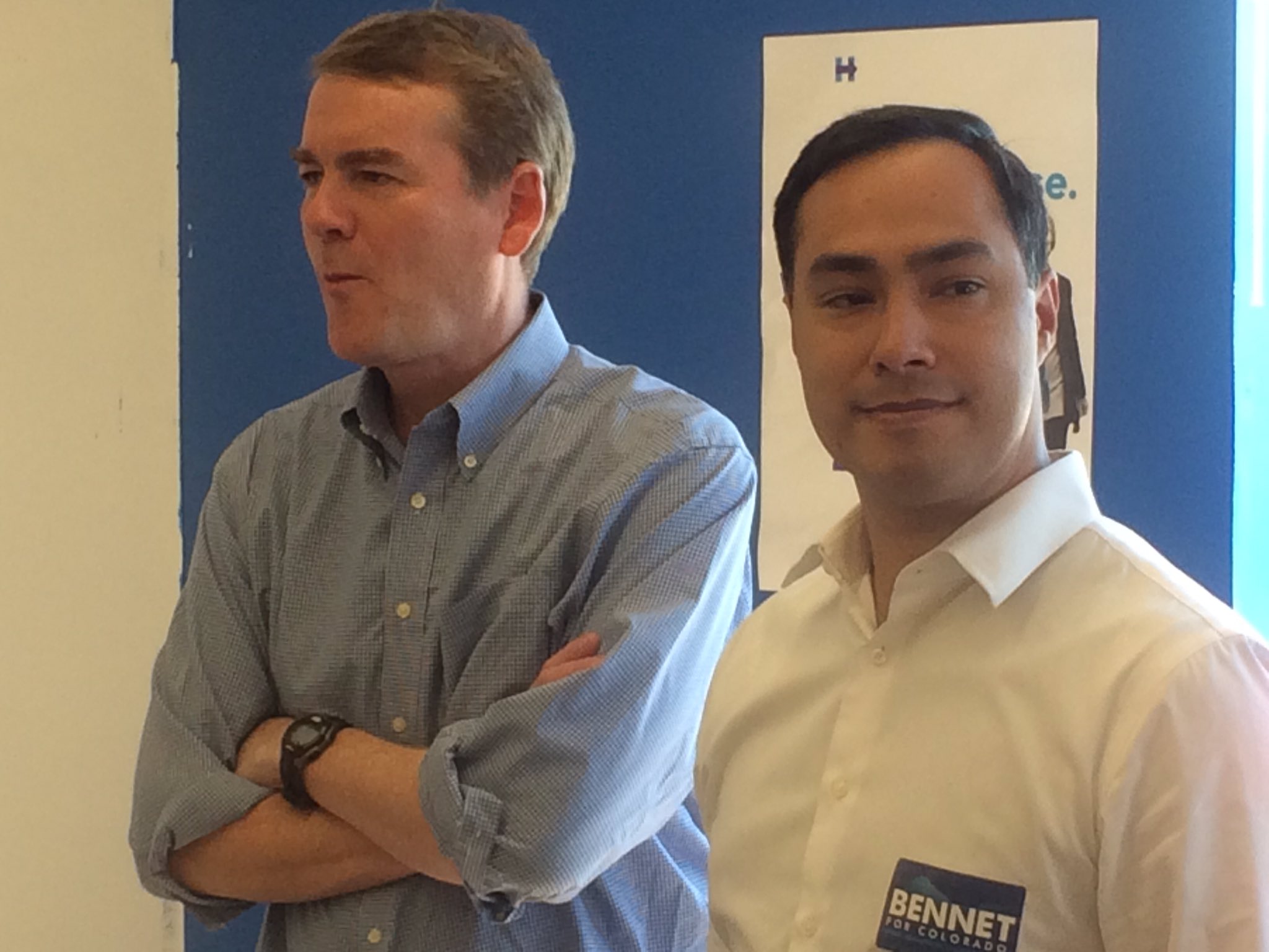 Colorado U.S. Sen. Michael Bennet and Texas U.S. Rep. Joaquin Castro at the Commerce City Democratic Party office headquarters opening Saturday (Photo by Ernest Luning/The Colorado Statesman).