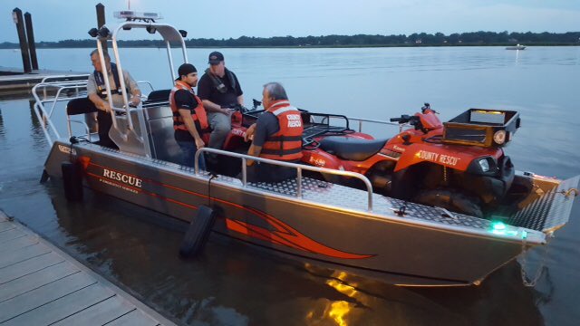 Loading Stanley 20' PRO Rescue Boat: ATV, Stokes basket, 4 crew, no problem! Thnx Charleston County Rescue Squad, SC
