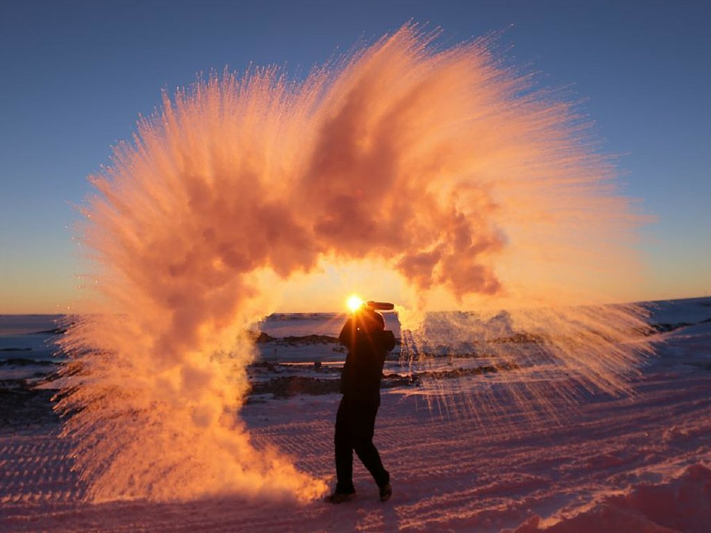 Look what happens when you throw hot tea into the freezing cold air of the Antarctic.