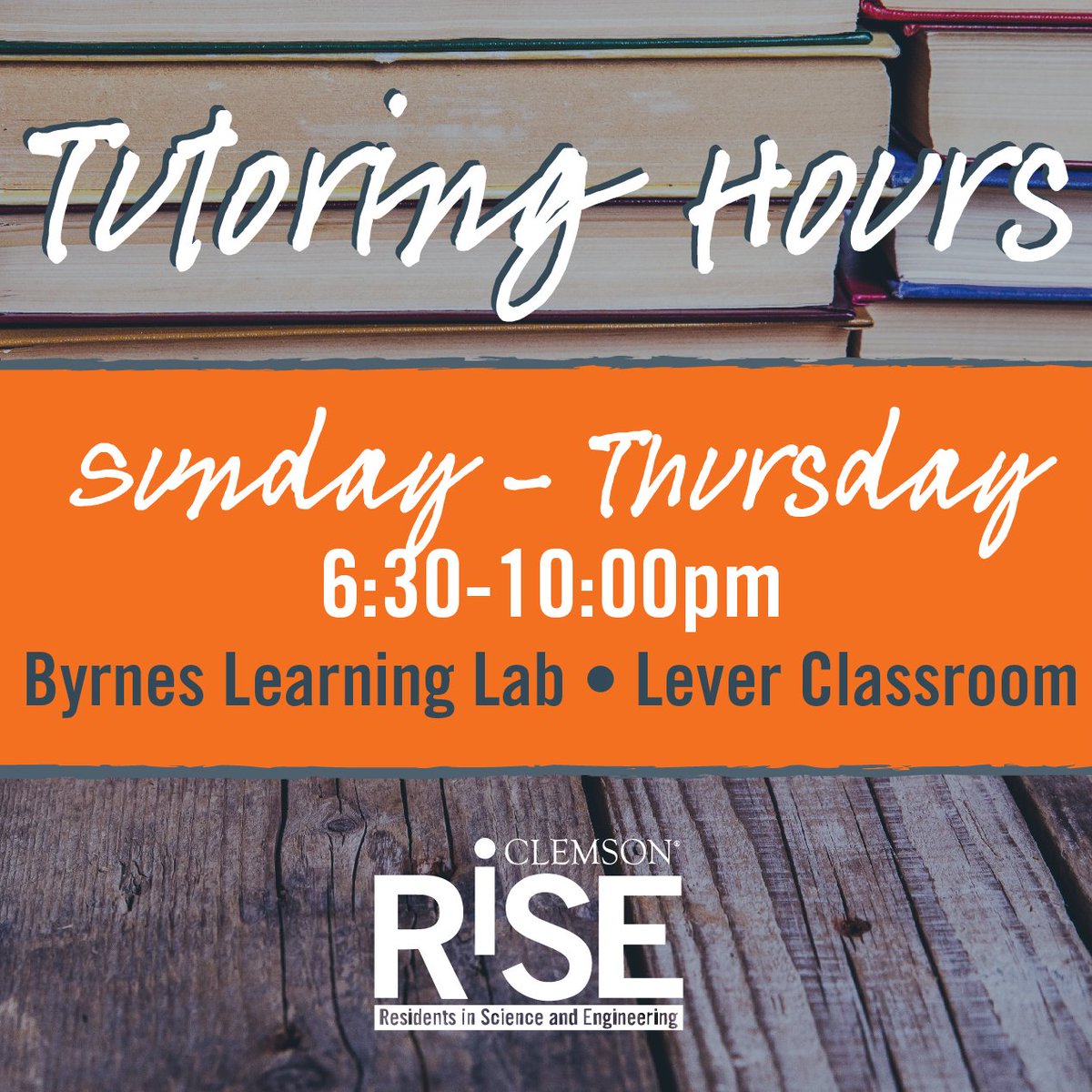 ClemsonRiSE's tweet photo. Don't forget! Tutoring Hours start tonight! This is the Tutoring Schedule for the semester! https://t.co/or3qQ1HLeR