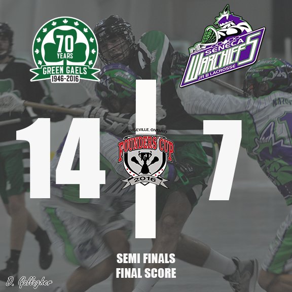 The <a href="/GreengaelsJRB/">Green Gaels</a> down the <a href="/SenecaWarChiefs/">Seneca WarChiefs</a> 14-7 in Semi Final 1 - will play in tomorrow's <a href="/2016FoundersCup/">FoundersCup2016</a> 🏅 game!