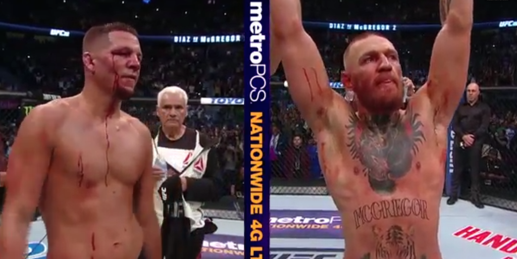 theScore's tweet photo. Mad respect to @TheNotoriousMMA and @NateDiaz209 for going the distance tonight. #UFC202 https://t.co/jRGNmmSwaD https://t.co/7DYTp1ehx0