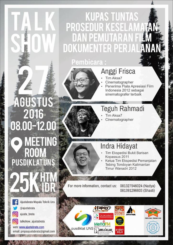 EventSoloRaya's tweet photo. Talkshow Kupas Tuntas Prosedur Keselamatan &amp; Pemutaran Film Dokumenter Perjalanan | 27 Agustus 2016 di Pusdiklat UNS https://t.co/7w5Og2SP9y