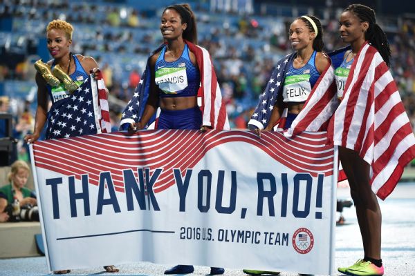 Speaking of six consecutive Olympic gold medals. ... Give it up for U.S. women's 4x400m relay team. #Rio2016