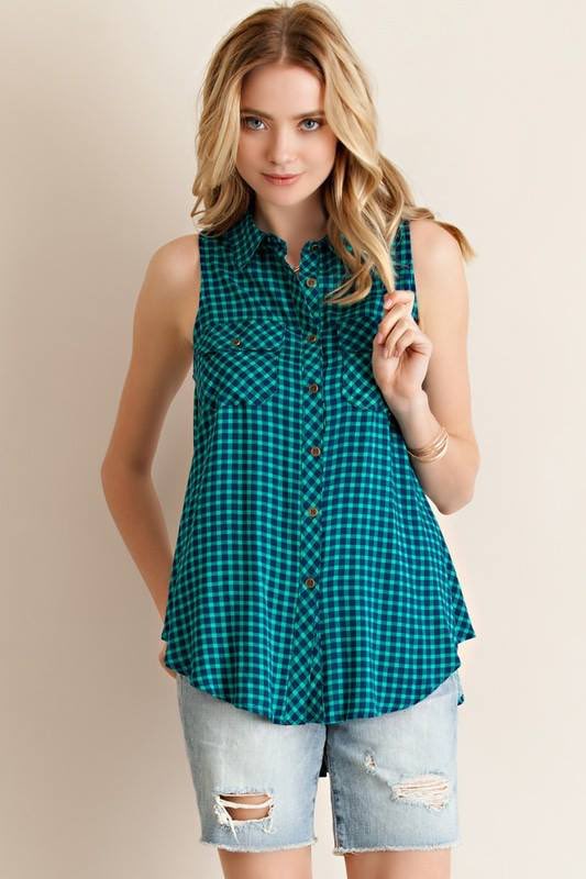 This gorgeous checkered, button down shirt has a tie in the back. krumscloset.com